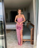 Women's long dress bodycon sequins off the shoulder backless split with bow