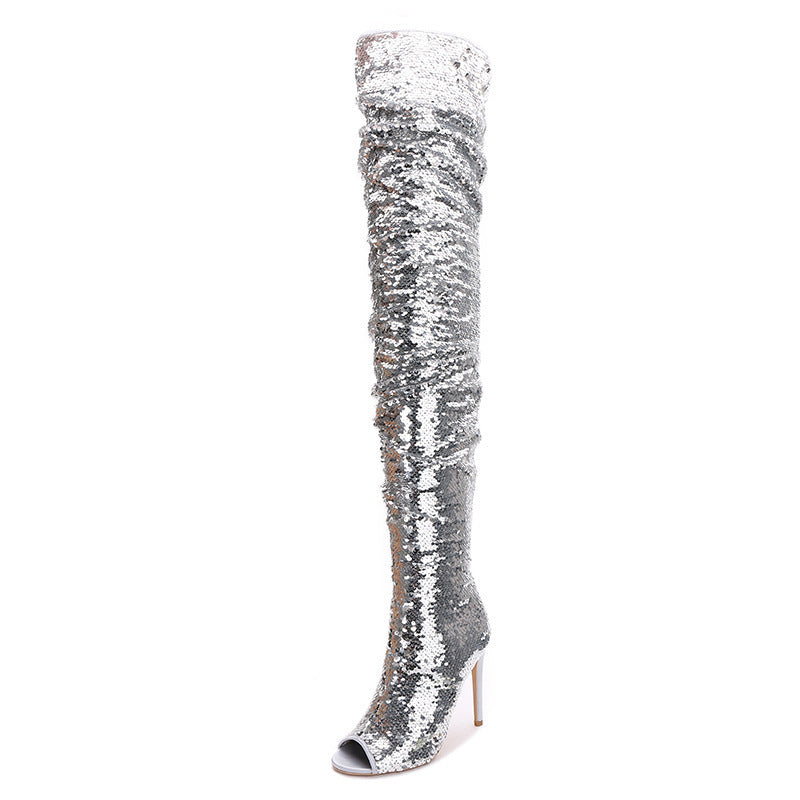 Women's Boots long high heels stiletto sequins elegant with fish mouth