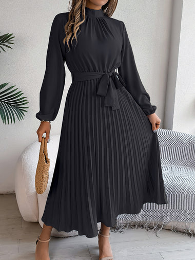 Women's Elegant Dress Flared Pleated Belted Long Sleeve Stand Collar