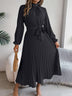 Women's Elegant Dress Flared Pleated Belted Long Sleeve Stand Collar