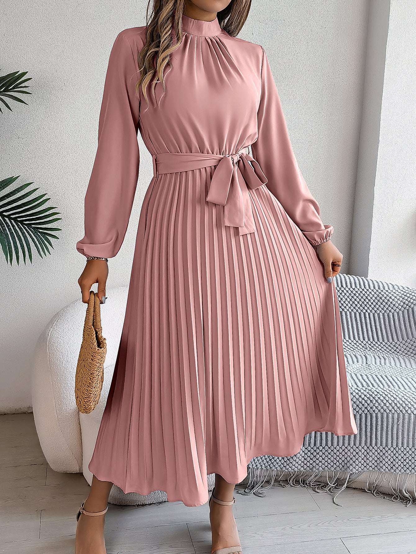 Women's dress flared pleated elegant belted long sleeve stand collar