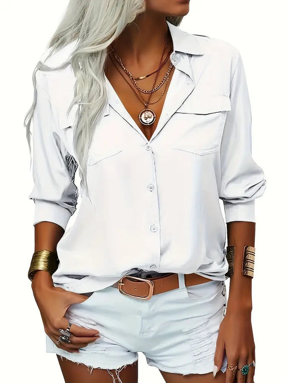 Elegant Blouse Spring Summer Casual Long Sleeve V Neck Loose Shirt Lady Tunics Tops