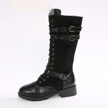 Acheter noir Bottes mi-hautes talon carré bout rond élégant boucle de ceinture à rivets