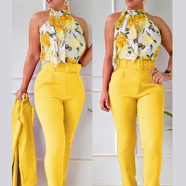 Women's Set Two Piece Pants Floral Top Halter High Waist 