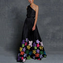 Women's Pleated Printed Long Dress, Strapless Contrast Stitching