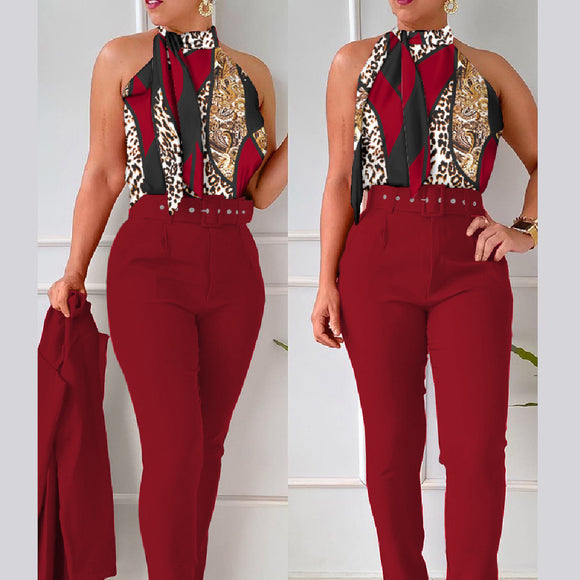 Women's Set Elegant Floral Two Piece Halter Top High Waist Pants