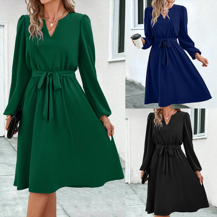 Women's dress trapeze, elegant long sleeve, solid belted, V neck