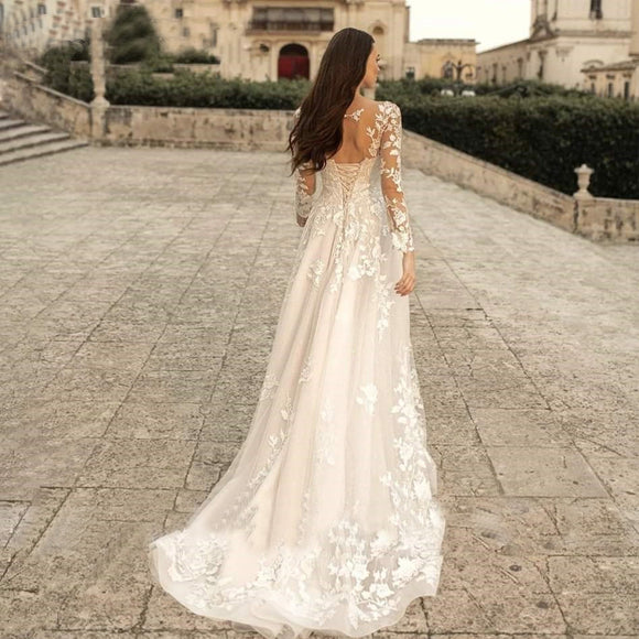 Women’s Wedding Dress Elegant V Neck Long Sleeve Bridal Gown Mori Style
