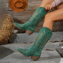 Women’s Boots Elegant Suede Embroidery Mid Heel Knight Cowboy Style Large Size-1