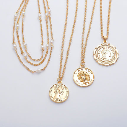 Women's necklace set and pendant exaggerated retro pearl portrait