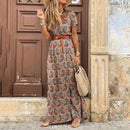 Bohemian Style Maxi Dress, floral print, elegant vintage, Dress with Belt Clothing
