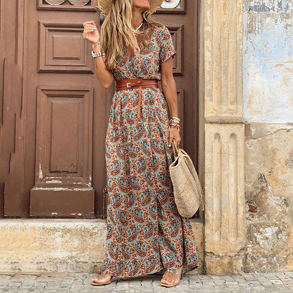 Bohemian Style Maxi Dress, floral print, elegant vintage, Dress with Belt Clothing