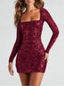 Women's Sexy Dress Elegant Backless Sequins Slim Square Neck Long Sleeves