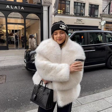 Buy white-scoop Women's Elegant Faux Fur Coat Shawl Collar Fluffy Plush Short Jacket