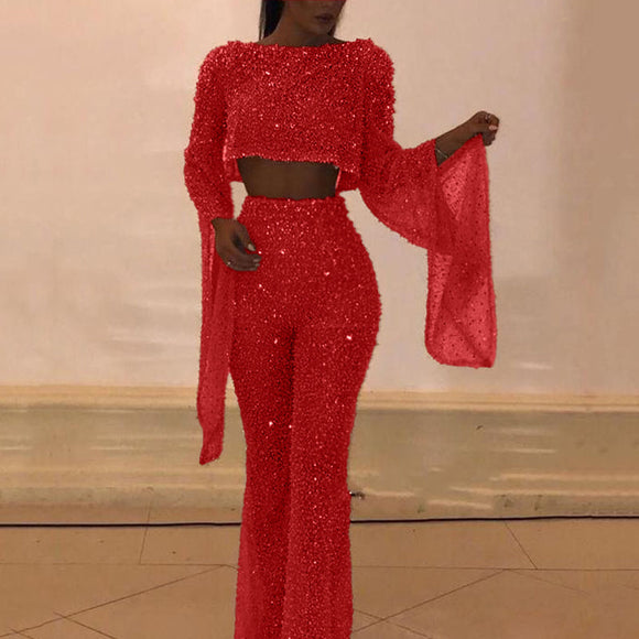 Women's Jumpsuit Elegant Two Piece Sequin Backless Long Sleeve