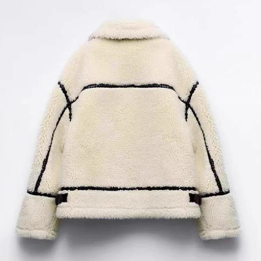 Women's jacket zipped in faux fur elegant  long sleeves lapel collar