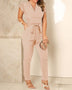 Jumpsuit Pleated High Waist Pants Fly Sleeve V Neck for Women