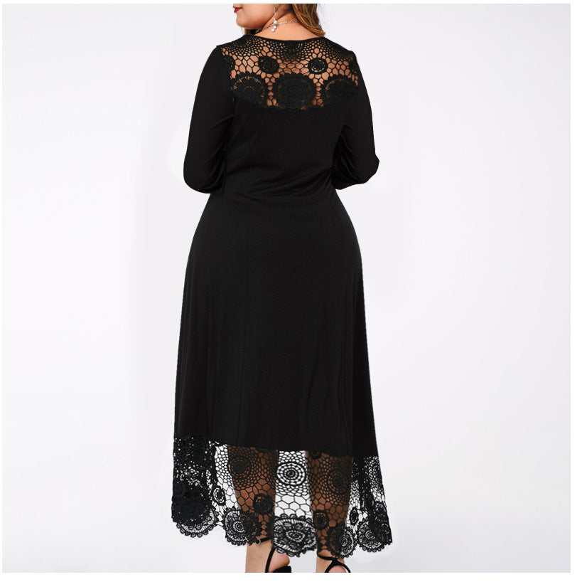 Women's dress in lace hem elegant round neck long sleeves