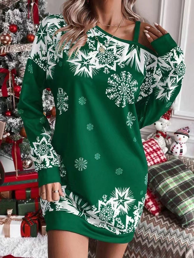 Women's Christmas dress snowflake print long sleeves sloping shoulders