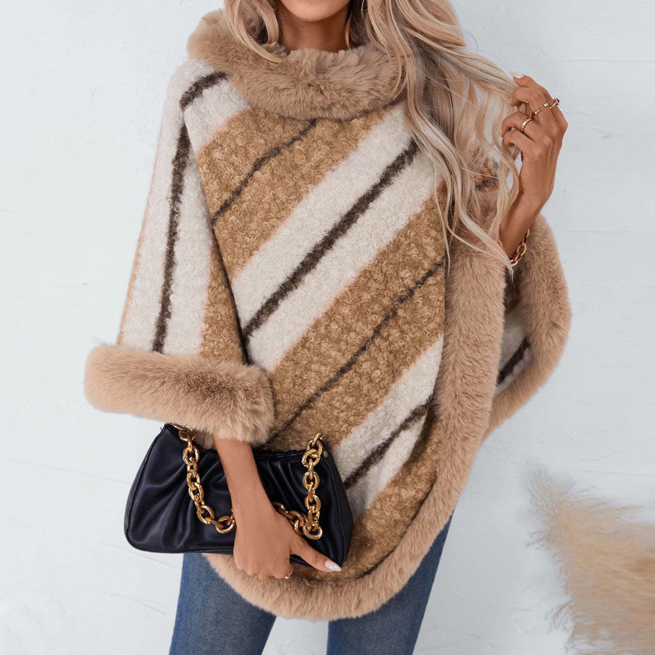 Women's Cape fur collar striped elegant, knitted shawl sweater, plush scarf