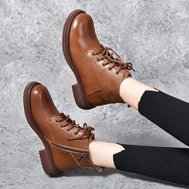 Buy brown-single-liner-style Women's Ankle Boots elegant Soft Leather Waterproof Platform Round Head