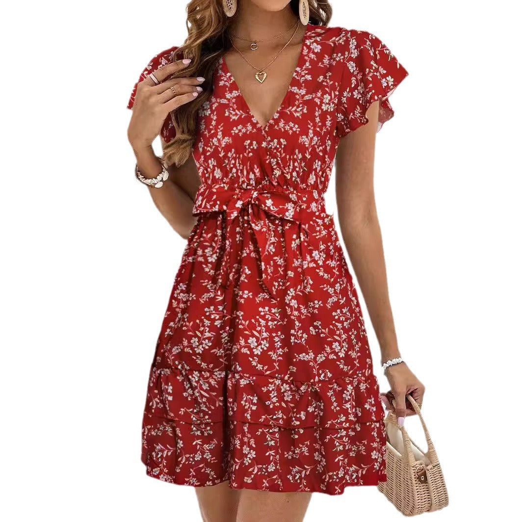 Women's mini dress Bohemian casual printed ruffle sleeve with belt