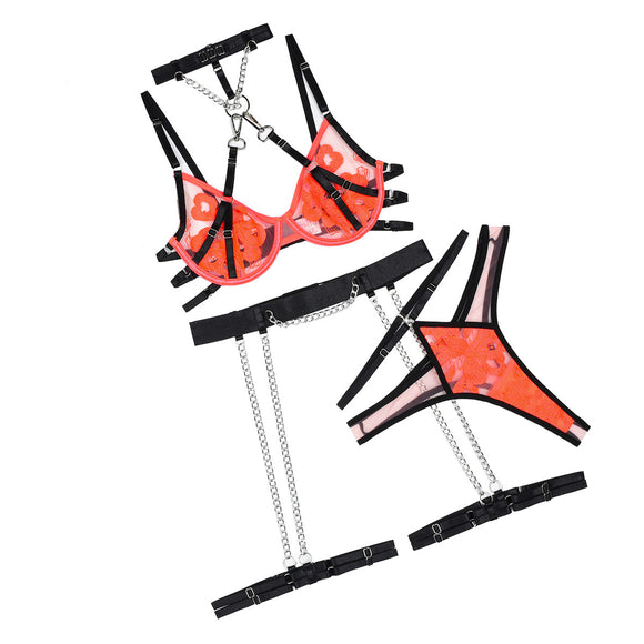 Conjunto de lencería de mujer sexy con bordado de color en contraste desmontable