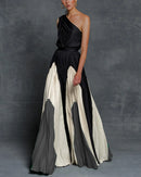 Women's Pleated Printed Long Dress, Strapless Contrast Stitching