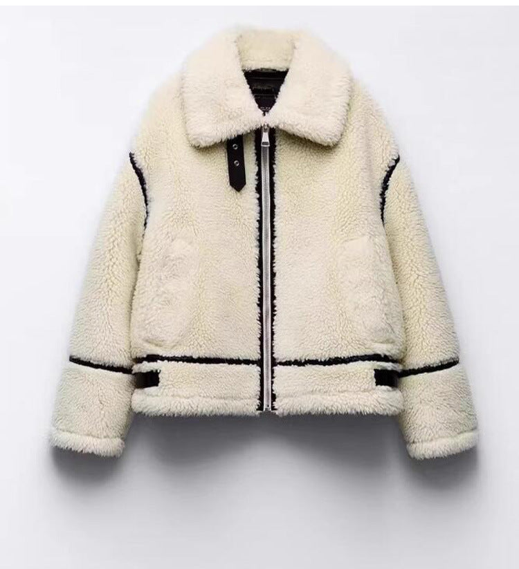 Women's jacket zipped in faux fur elegant  long sleeves lapel collar