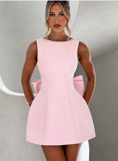 Sexy Mini Dress Women Big Bows Beads Elegant Backless Sleeveless Party Dress