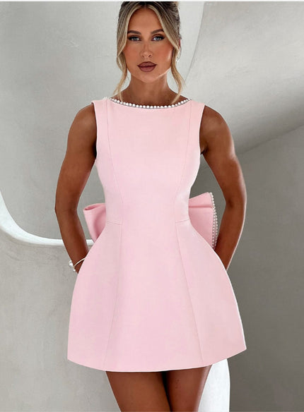Sexy Mini Dress Women Big Bows Beads Elegant Backless Sleeveless Party Dress