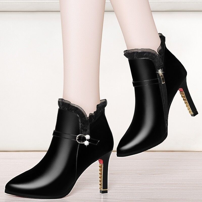 Women's Boots high heel leather with round toes elegant confortable