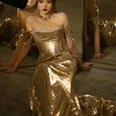 Vestido de fiesta dorado con lentejuelas sin hombros cola de pez-1