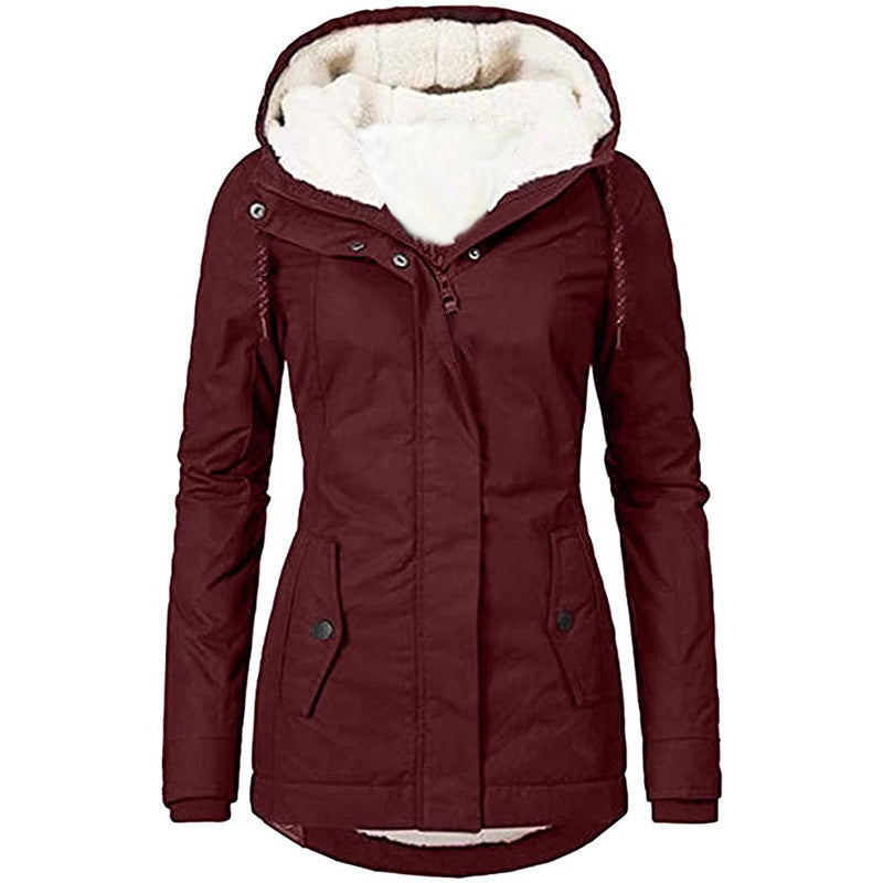 Women's coat with pockets hooded solid plush thickened zipper long sleeves