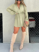 Elegant Satin Mini Dress Women Long-Sleeved Button-Up Chic Look