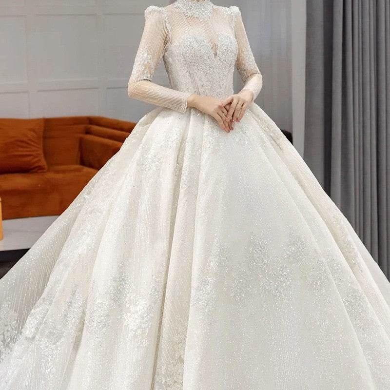 Wedding Dress Lace with appliques, train, long sleeve, peals