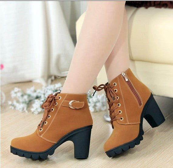 Women's ankle boots leather elegant lace-up square heels