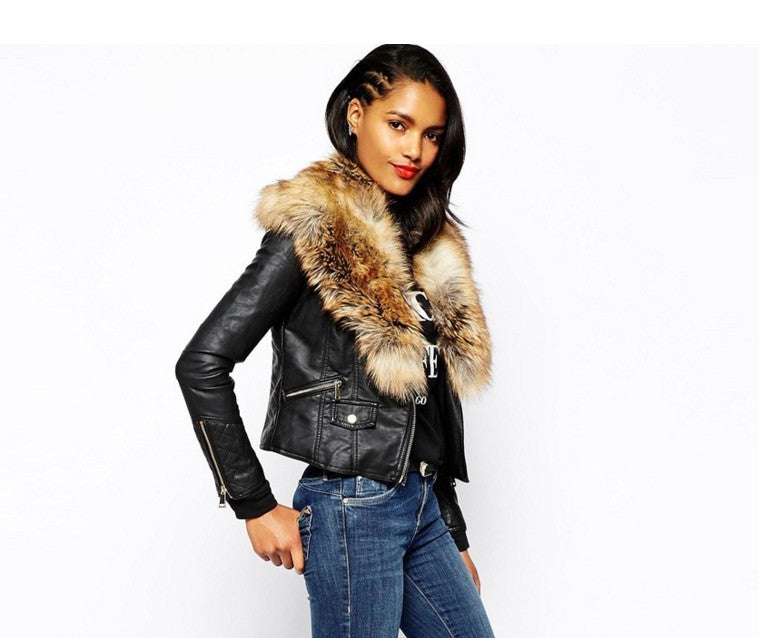 Women's short jacket faux leather fur collar elegant zipper fitted cut