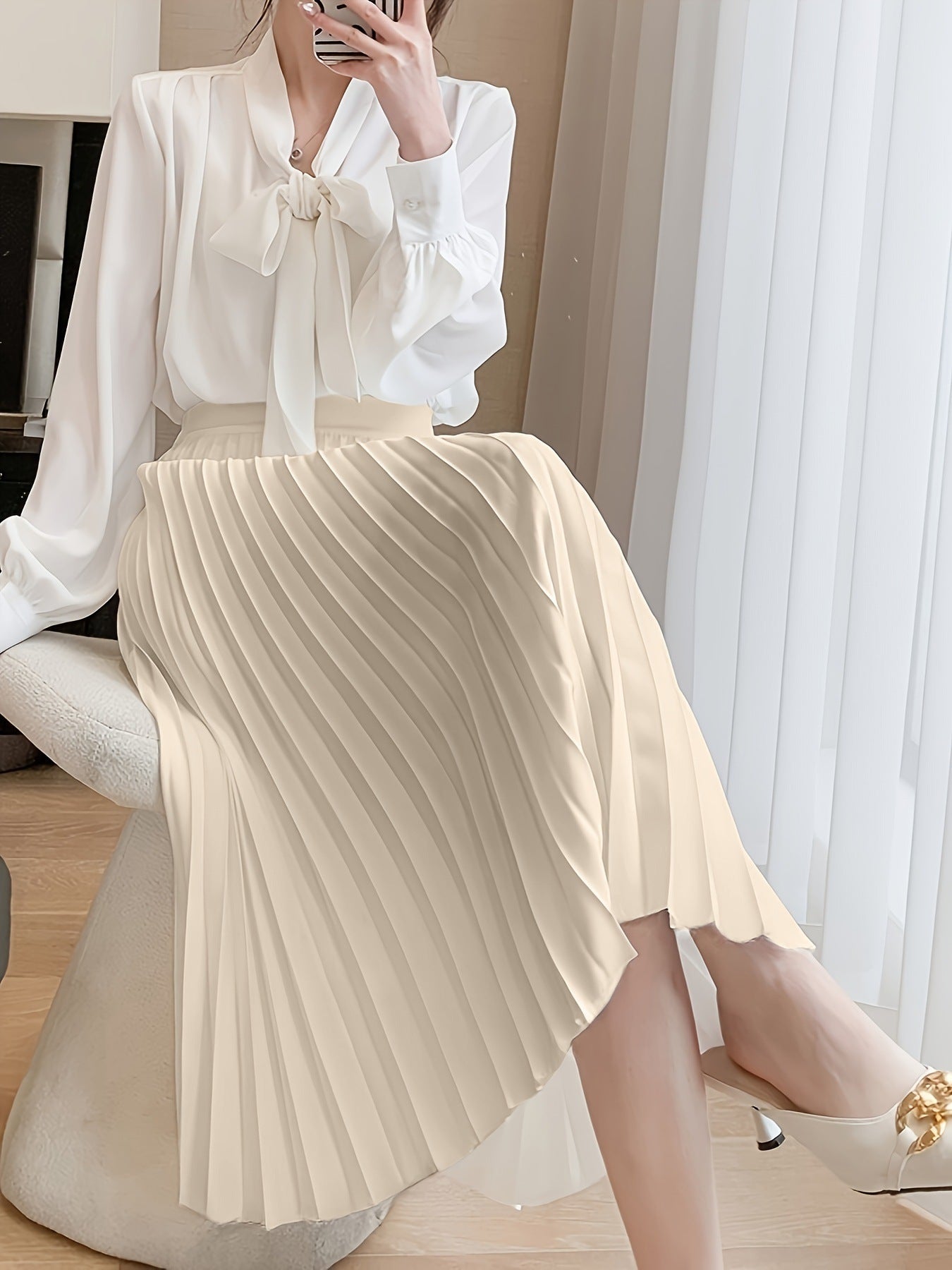 Women's skirt pleated elegant high waisted solid versatile