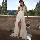Women’s Beach Wedding Dress Elegant Illusion Sleeves V Neck Boho Bride