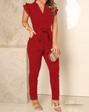 Women’s Jumpsuit Elegant V Neck Pleated Fly Sleeve High Waist Pants-6