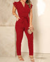 Jumpsuit Pleated High Waist Pants Fly Sleeve V Neck for Women