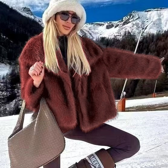 Women's Elegant Faux Fur Coat Shawl Collar Fluffy Plush Short Jacket