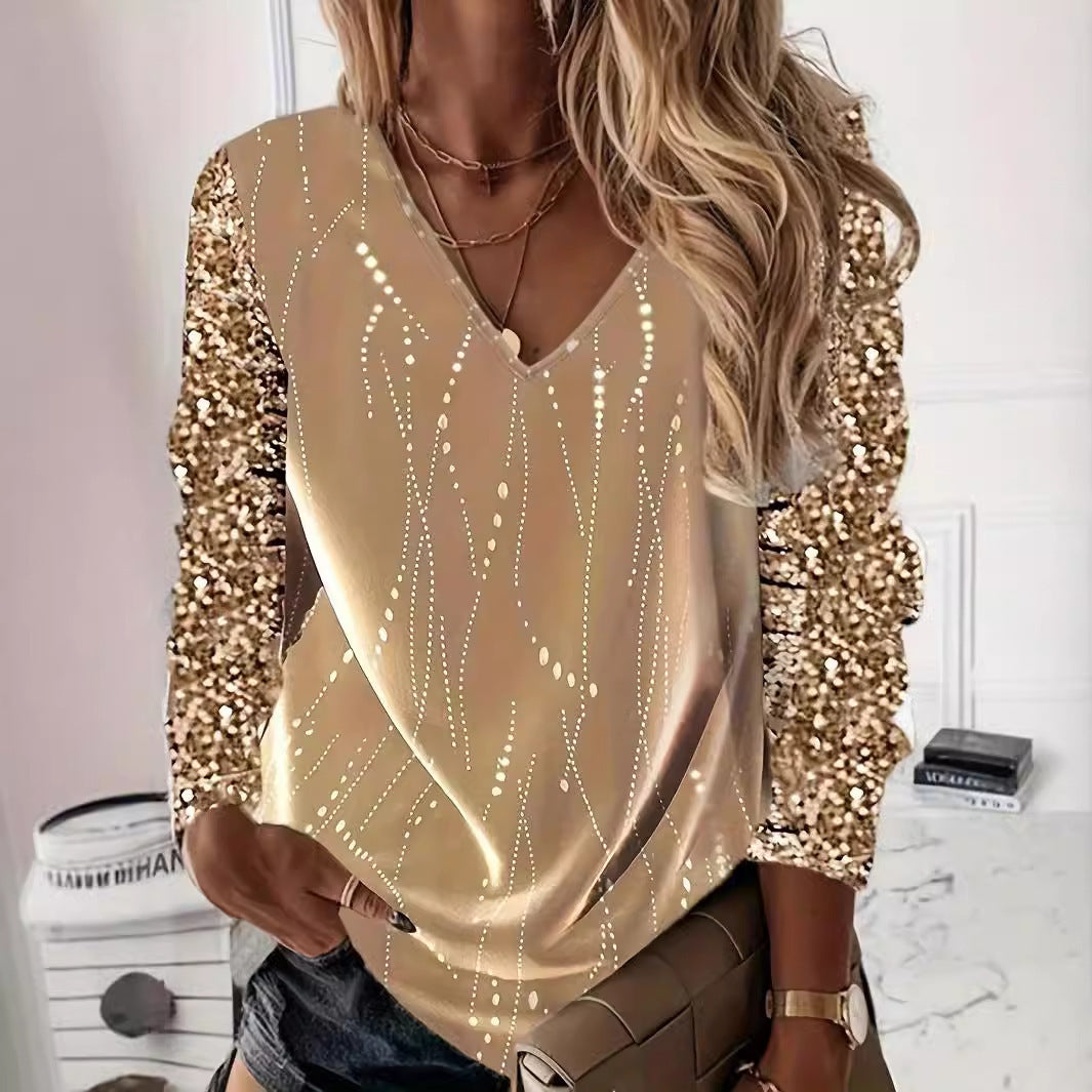 Women's T-Shirt sequin shiny patchwork long sleeves silk V-neck