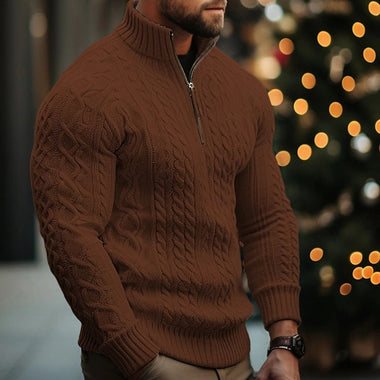 Comprar marron Suéter de punto con media cremallera color liso trenzado y grueso