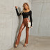 Elegant straight women pants in elastic leather, bell bottom, wide legs