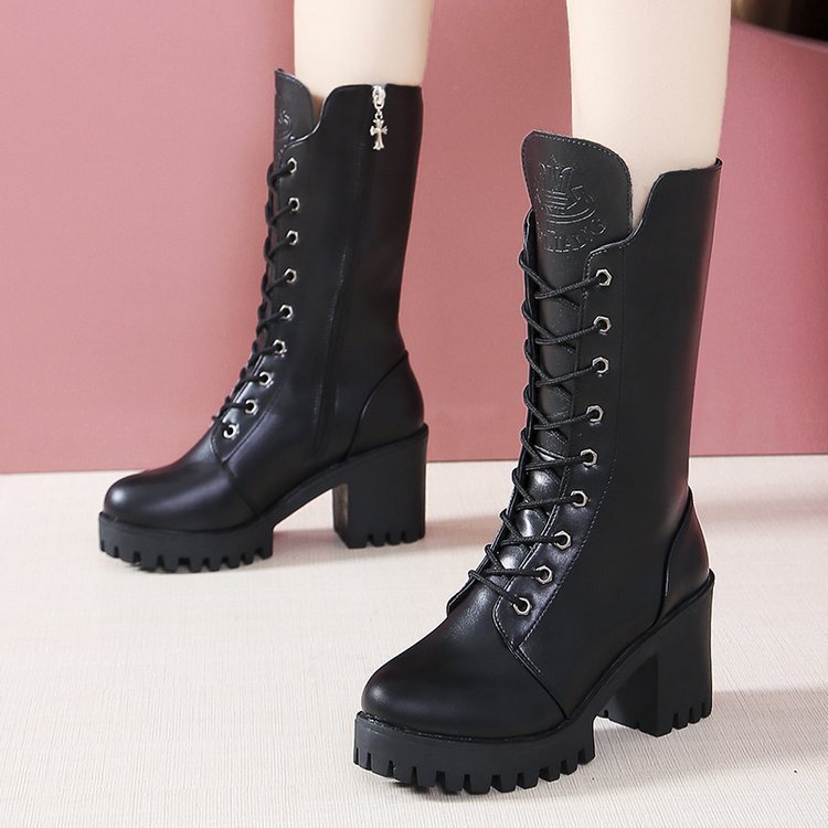 Women's Boots  Mid-height elegant high heels, round head with crossed strap