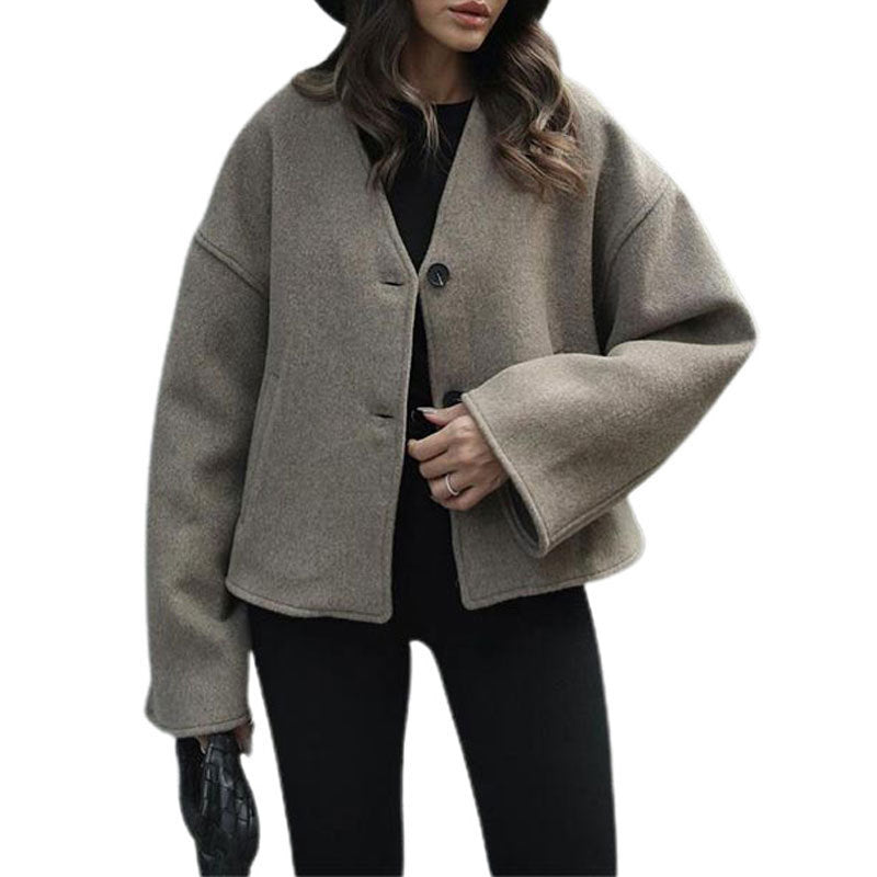 Women's coat short wool elegant long sleeve button V-neck