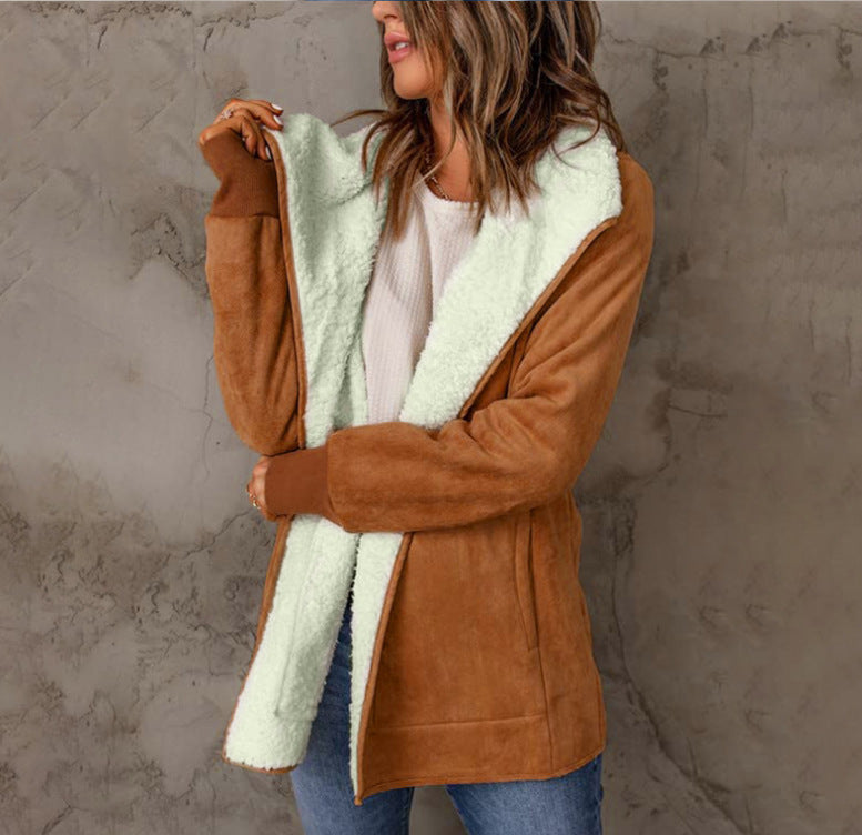 Women's coat warm plush long sleeves trendy open front vintage solid