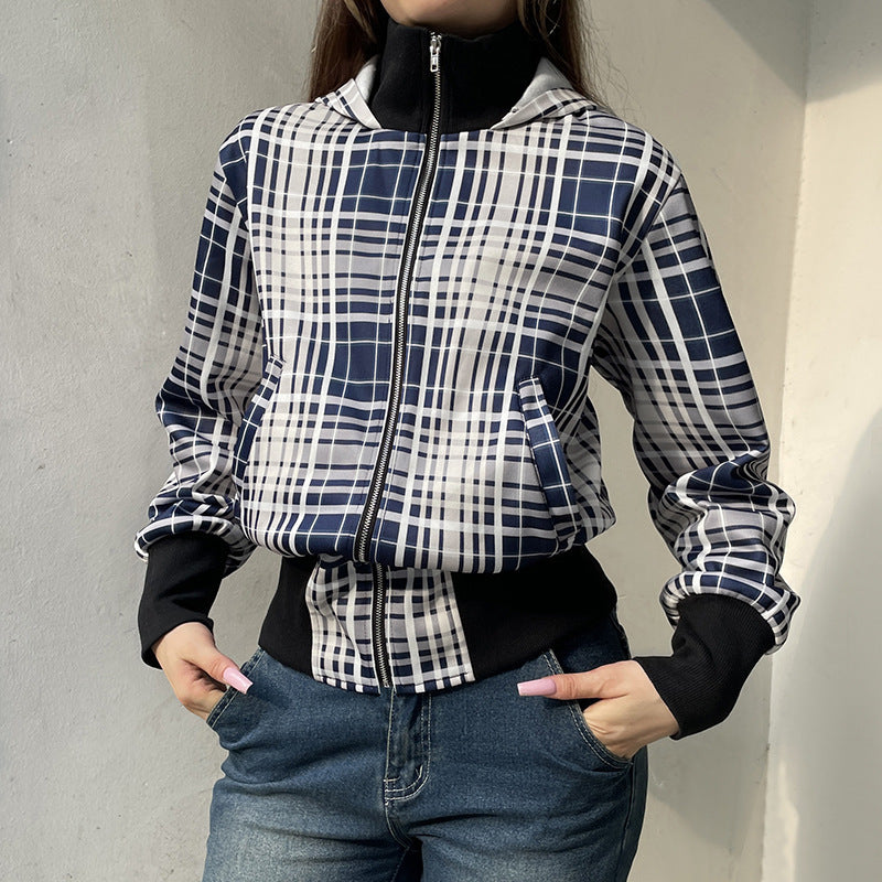 Women's jacket elegant fitted waist checkered contrasting color